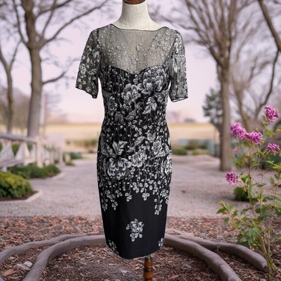 Badgley Mischka floral unconventional lace sheath dress 14 mother of bride LBD - Picture 14 of 14